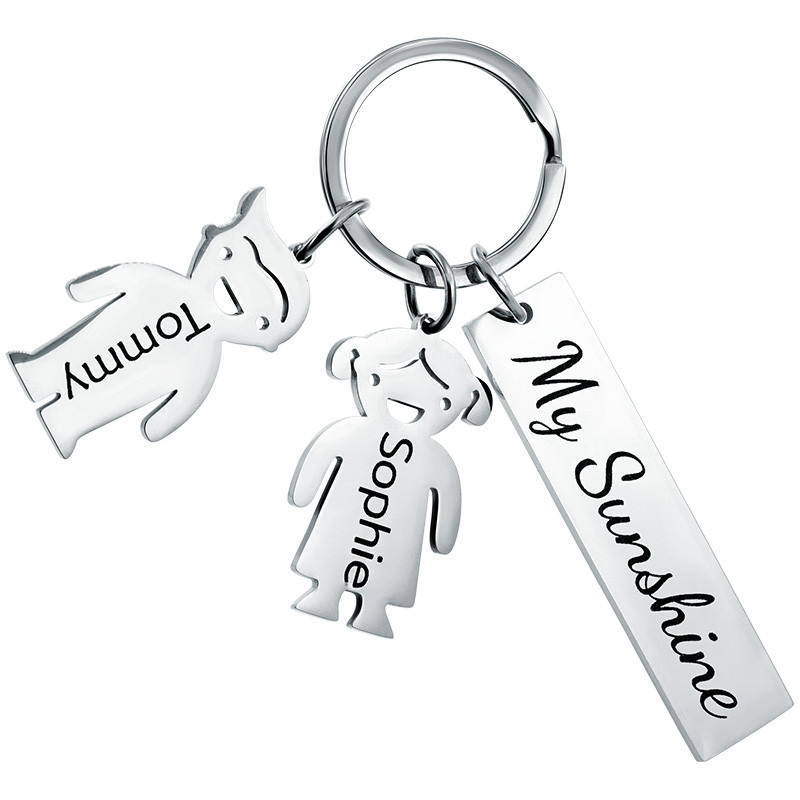 Llavero Personalizado en Forma de Rectángulo Grabado con Charms de Niña y Niño