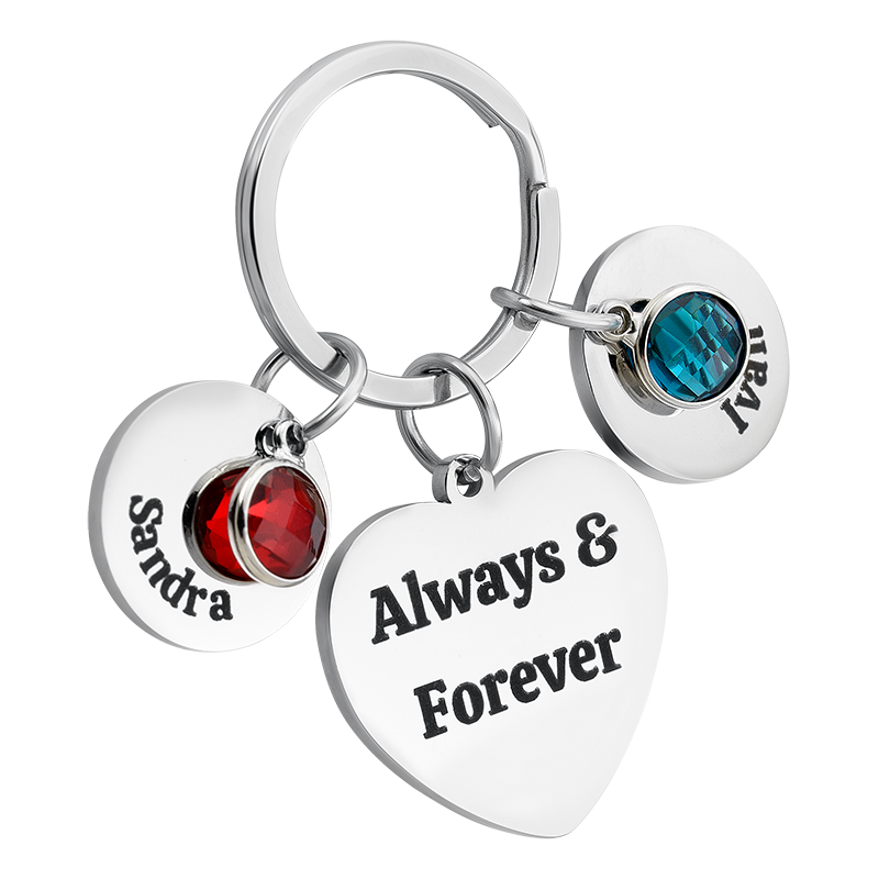 Llavero Personalizado en Forma de Corazón Grabado con 2 Piedras de Nacimiento