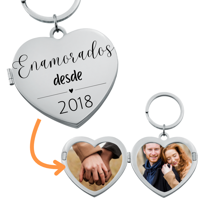 Llavero con Medallón para Pareja, con Fotos y Grabado "Enamorados desde.."